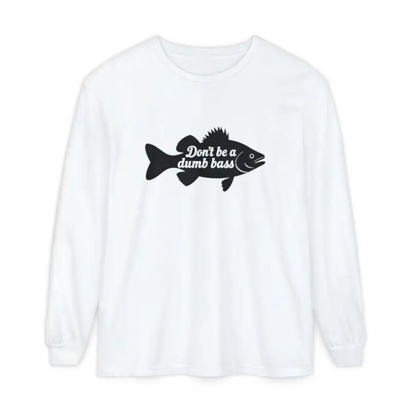 White long-sleeved shirt featuring fish graphic from Dont Be a Dumb Bass Design