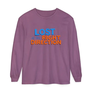 Purple long-sleeved T-shirt with LOST IN THE RIGHT DIRECTION in blue and orange text