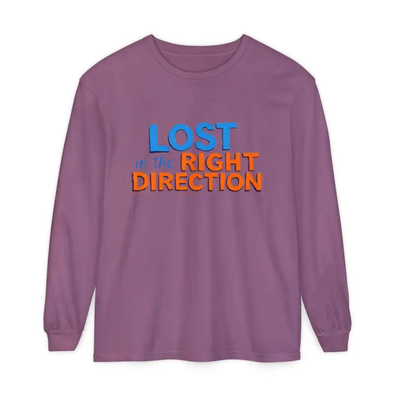 Purple long-sleeved T-shirt with LOST IN THE RIGHT DIRECTION in blue and orange text