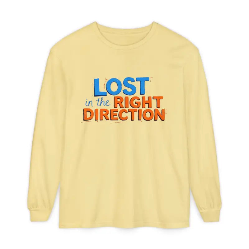 Light yellow long-sleeved crew-neck T-shirt with LOST in the RIGHT DIRECTION print