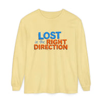 Light yellow long-sleeved crew-neck T-shirt with LOST in the RIGHT DIRECTION print