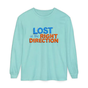 Light blue long-sleeve T-shirt with LOST in the RIGHT DIRECTION print front view