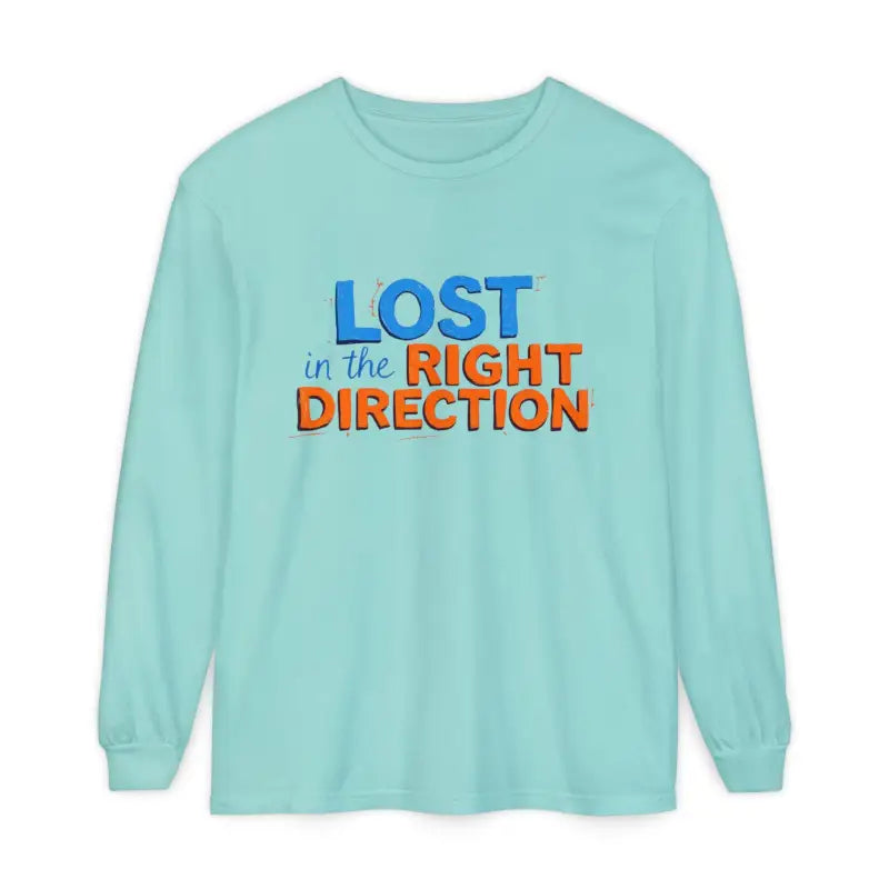Light blue long-sleeve T-shirt with LOST in the RIGHT DIRECTION print front view