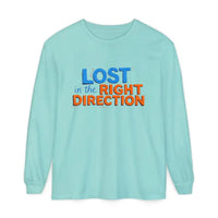 Light blue long-sleeve T-shirt with LOST in the RIGHT DIRECTION print front view
