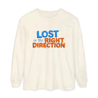 Cream long-sleeve crewneck T-shirt with LOST in the RIGHT DIRECTION print front view