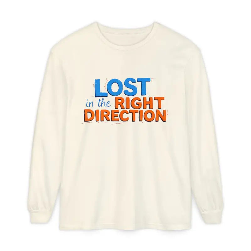 Cream long-sleeve crewneck T-shirt with LOST in the RIGHT DIRECTION print front view