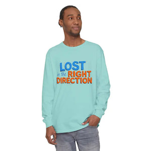 Light blue long-sleeved T-shirt with LOST in the RIGHT DIRECTION printed on front