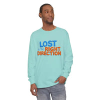 Light blue long-sleeved T-shirt with LOST in the RIGHT DIRECTION printed on front
