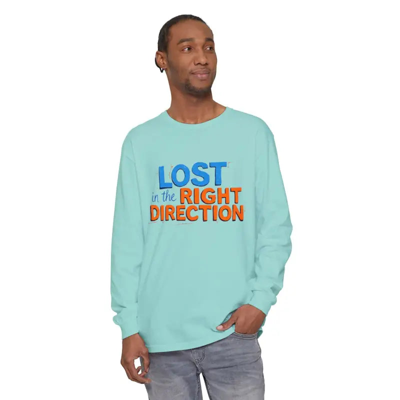 Light blue long-sleeved T-shirt with LOST in the RIGHT DIRECTION printed on front