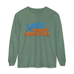 Sage green long-sleeve T-shirt with LOST in the RIGHT DIRECTION text front view