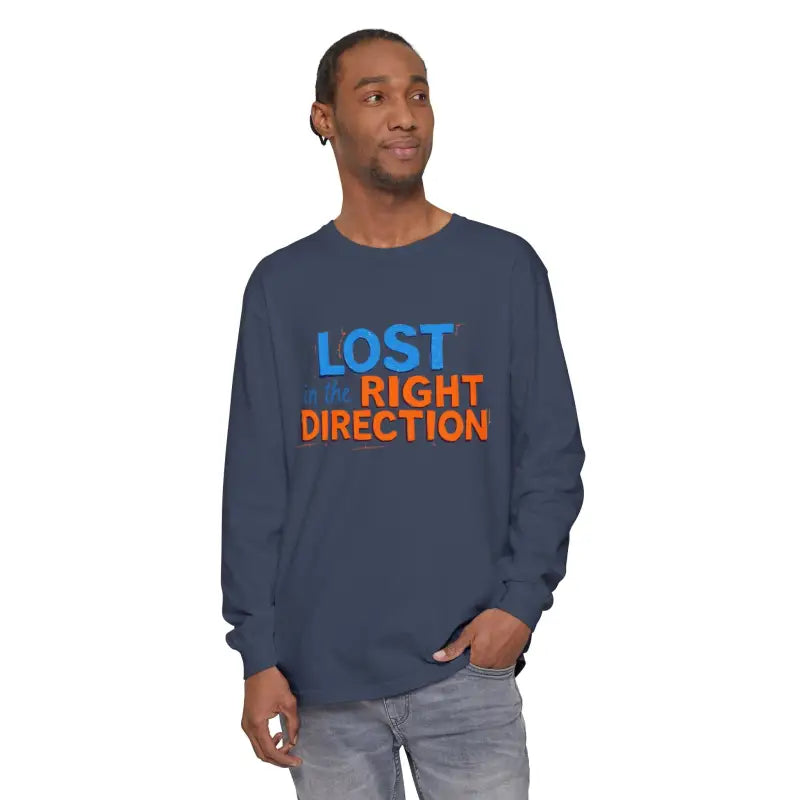 Man wearing navy long sleeve T shirt with Lost in the Right Direction print