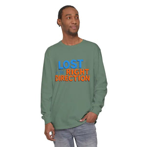 Men’s long-sleeve muted green T-shirt with Lost in the Right Direction print