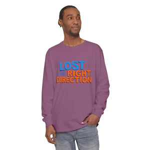 Men’s long-sleeve purple T-shirt with blue and orange text for Lost in the Right Direction product