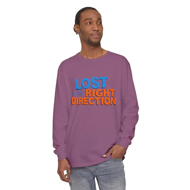 Men’s long-sleeve purple T-shirt with blue and orange text for Lost in the Right Direction product
