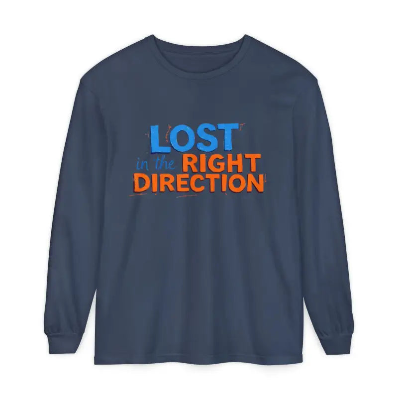 Navy blue long-sleeve T-shirt with LOST in the RIGHT DIRECTION text for the Long Sleeve T Shirt Lost in the Right Direction product
