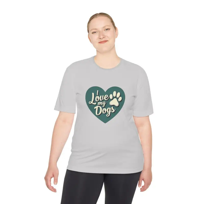 Gray Love My Dogs Graphic T Shirt featuring heart graphic with I love my dogs text