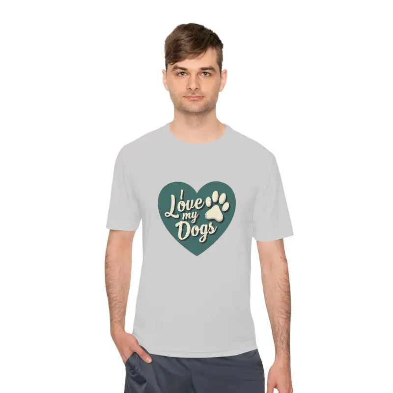 Gray Love My Dogs Graphic T-Shirt featuring heart and paw print design for dog lovers