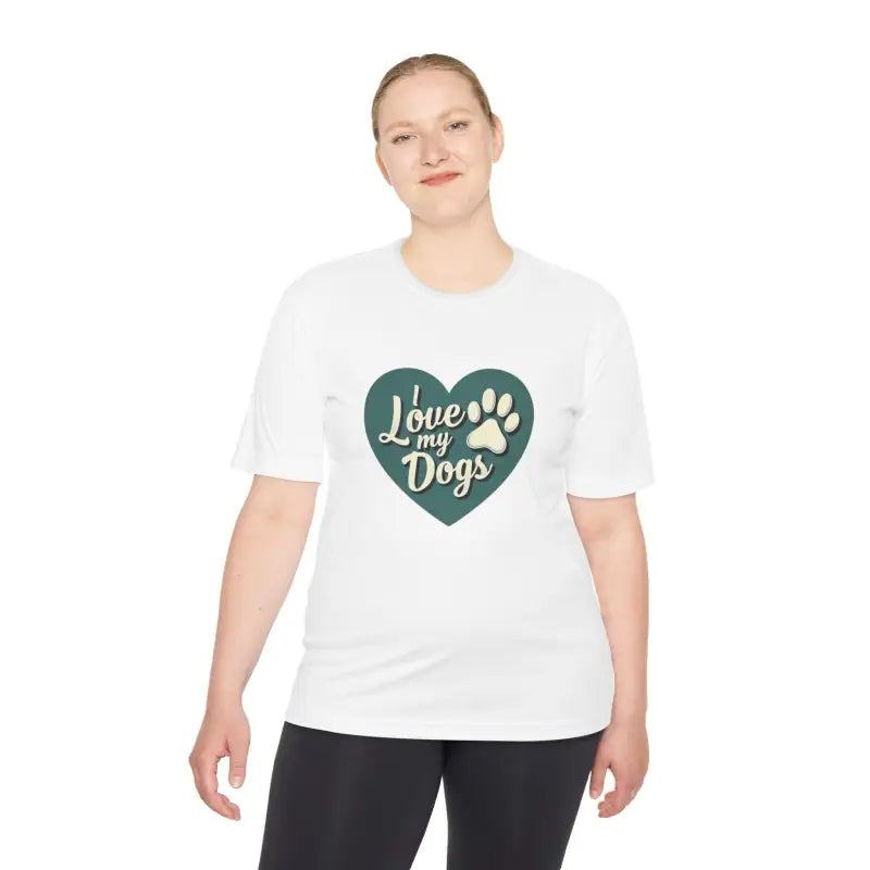 White t-shirt featuring Love My Dogs graphic for dog lovers and pet enthusiasts