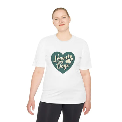 White t-shirt featuring Love My Dogs graphic for dog lovers and pet enthusiasts