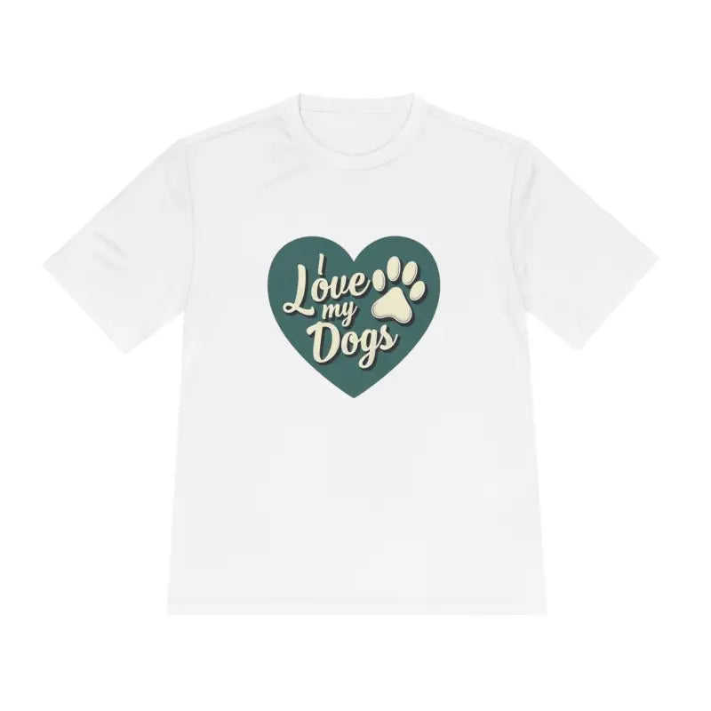 White Love My Dogs Graphic T Shirt featuring a heart graphic expressing love for dogs