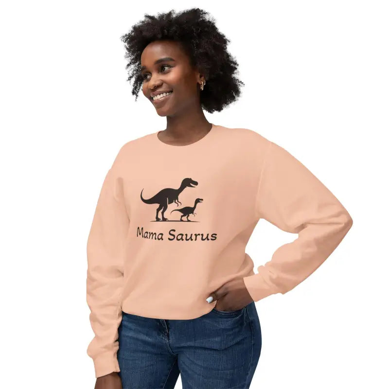 Peach-colored Mama Saurus Sweatshirt featuring a playful dinosaur graphic for moms