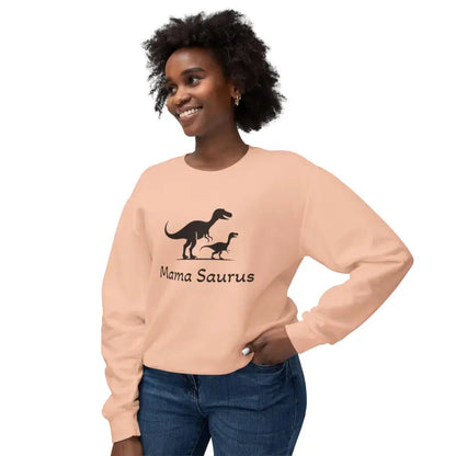 Peach-colored Mama Saurus Sweatshirt featuring a playful dinosaur graphic for moms