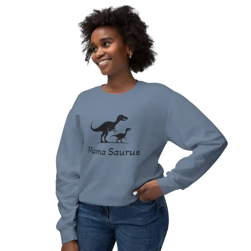 Blue Mama Saurus Sweatshirt featuring a dinosaur graphic for moms who love dinosaurs