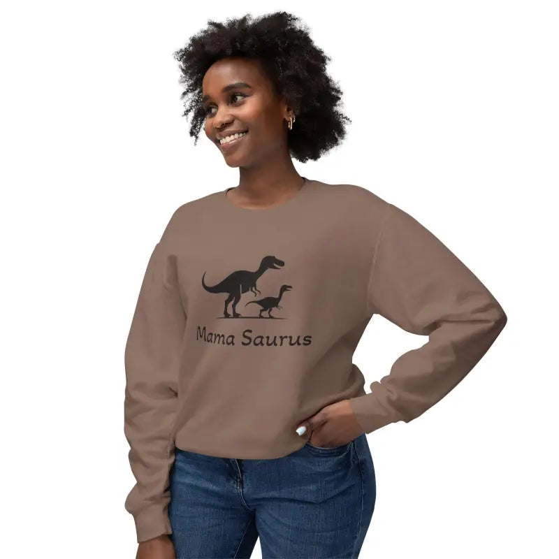 Brown Mama Saurus Sweatshirt featuring a dinosaur graphic for moms who love dinosaurs