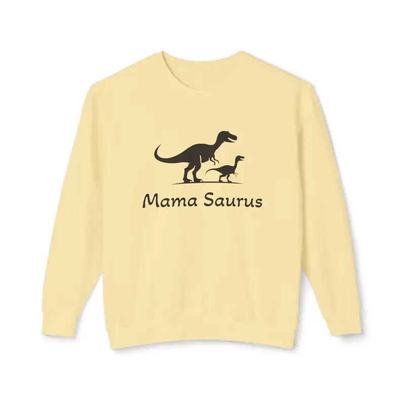 Yellow Mama Saurus Sweatshirt featuring a playful dinosaur graphic for moms