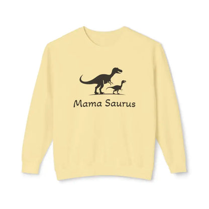 Yellow Mama Saurus Sweatshirt featuring a playful dinosaur graphic for moms