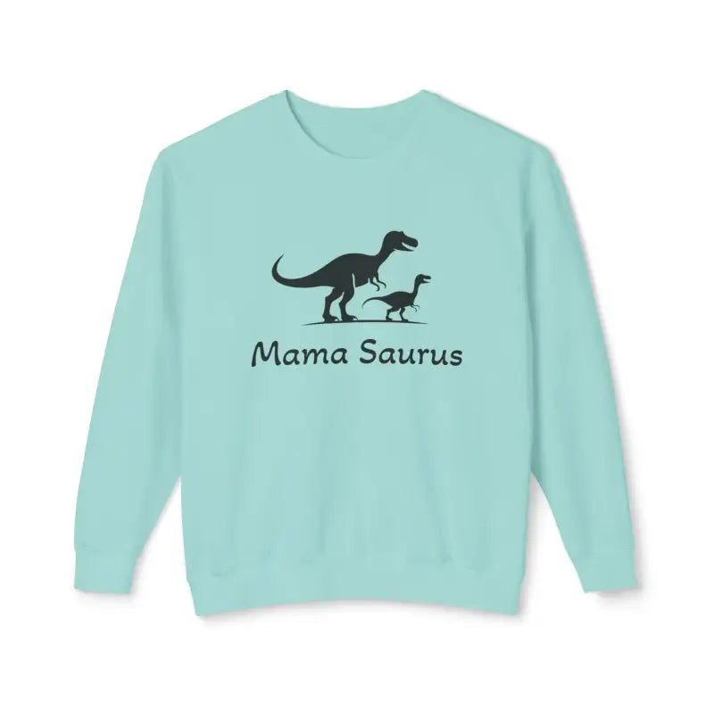 Light blue Mama Saurus sweatshirt featuring a dinosaur graphic for moms