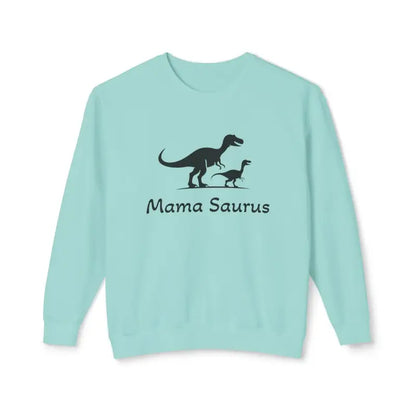 Light blue Mama Saurus sweatshirt featuring a dinosaur graphic for moms