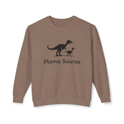 Brown Mama Saurus Sweatshirt featuring a dinosaur graphic for dinosaur loving moms