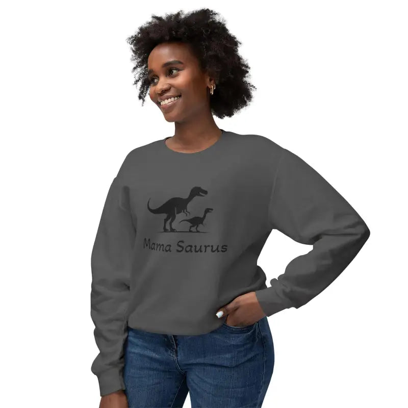 Gray Mama Saurus Sweatshirt for Dinosaur Loving Moms, stylish and comfortable apparel