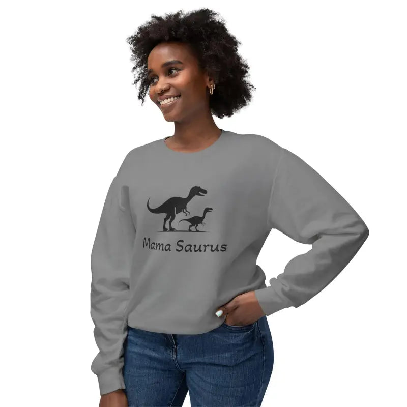 Gray Mama Saurus Sweatshirt featuring a playful dinosaur graphic for moms