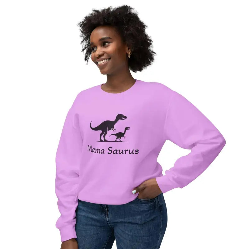 Lavender Mama Saurus Sweatshirt featuring a dinosaur graphic for moms who love dinosaurs