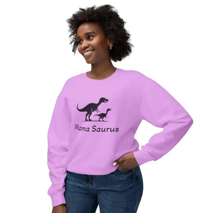 Lavender Mama Saurus Sweatshirt featuring a dinosaur graphic for moms who love dinosaurs