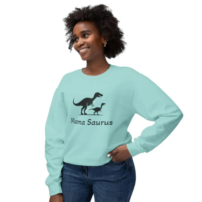 Light blue Mama Saurus sweatshirt for dinosaur-loving moms displayed on a white background