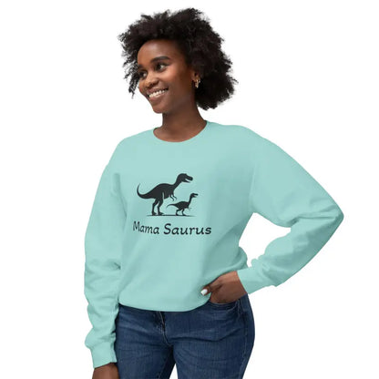 Light blue Mama Saurus sweatshirt for dinosaur-loving moms displayed on a white background