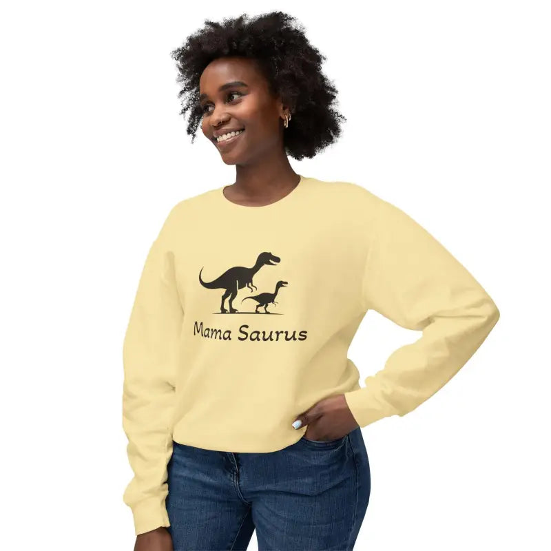 Light yellow Mama Saurus Sweatshirt featuring a dinosaur graphic for moms