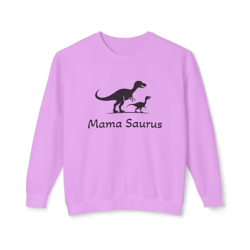 Lilac Mama Saurus Sweatshirt featuring a vibrant dinosaur graphic for moms