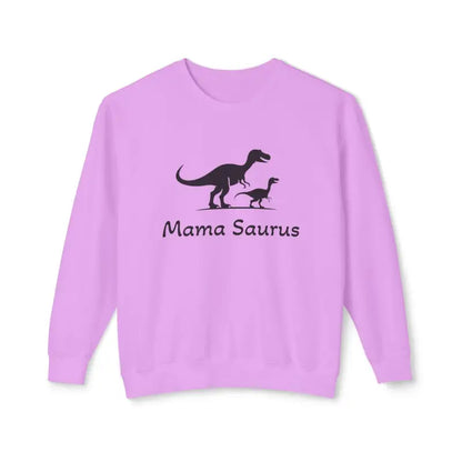 Lilac Mama Saurus Sweatshirt featuring a vibrant dinosaur graphic for moms