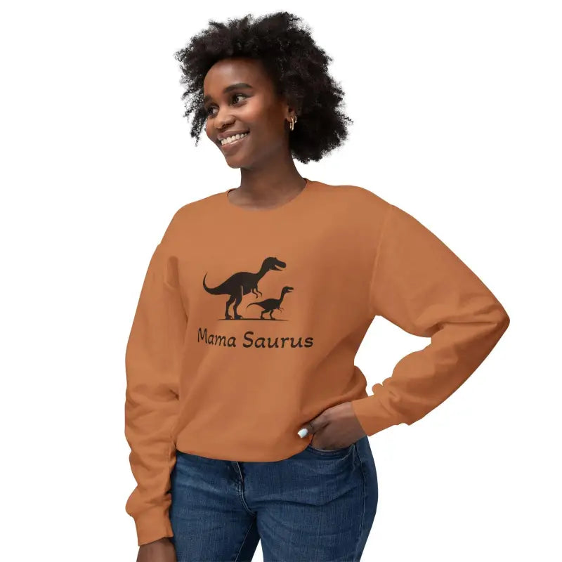 Orange Mama Saurus Sweatshirt featuring a dinosaur graphic for moms who love dinosaurs