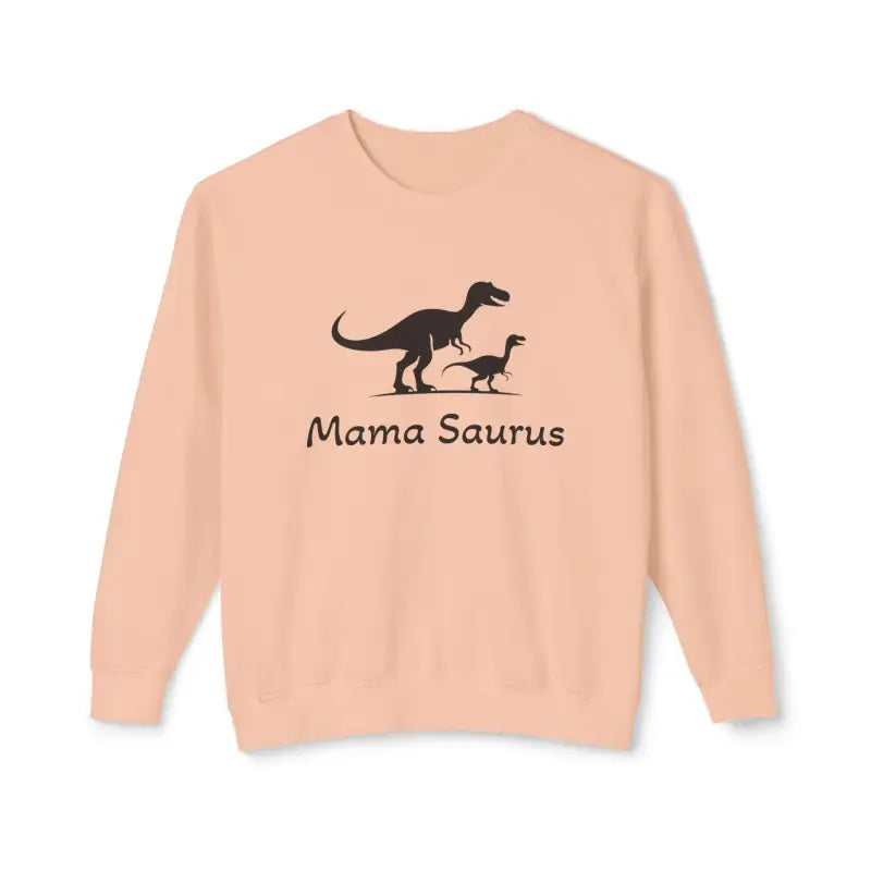 Peach-colored Mama Saurus Sweatshirt featuring a dinosaur graphic for mothers