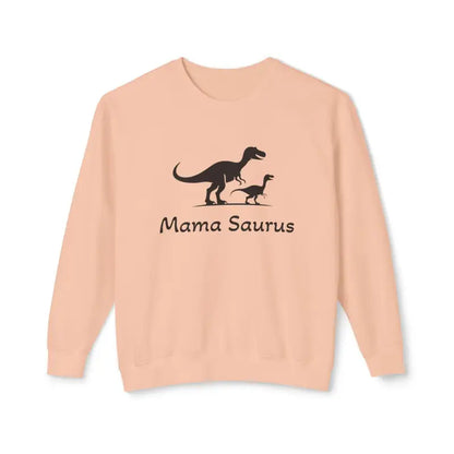 Peach-colored Mama Saurus Sweatshirt featuring a dinosaur graphic for mothers