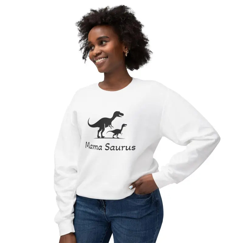White Mama Saurus sweatshirt for dinosaur loving moms showcasing stylish comfort