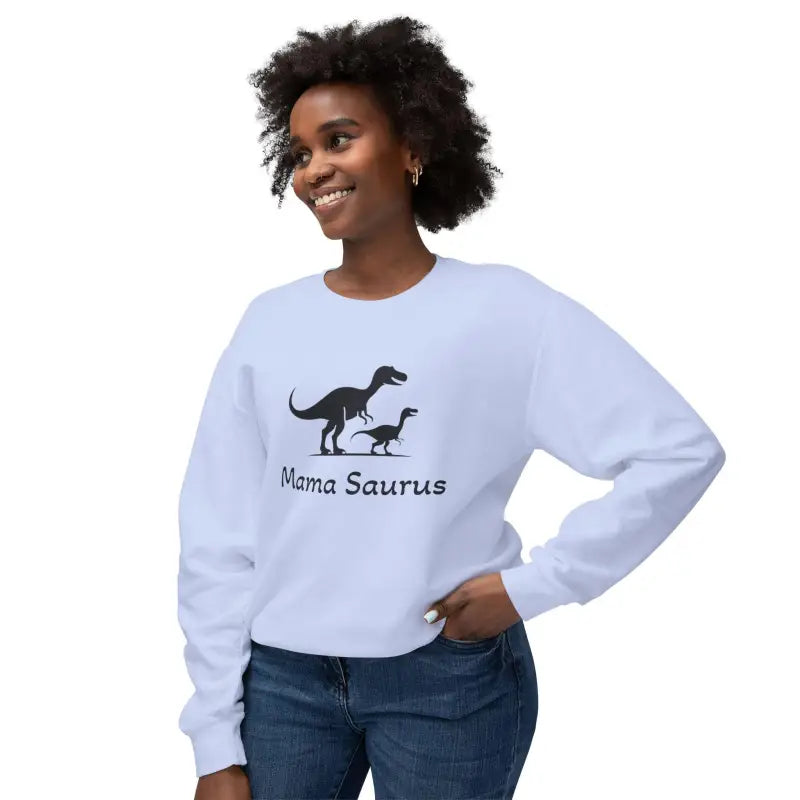 White Mama Saurus Sweatshirt featuring a playful dinosaur graphic for moms