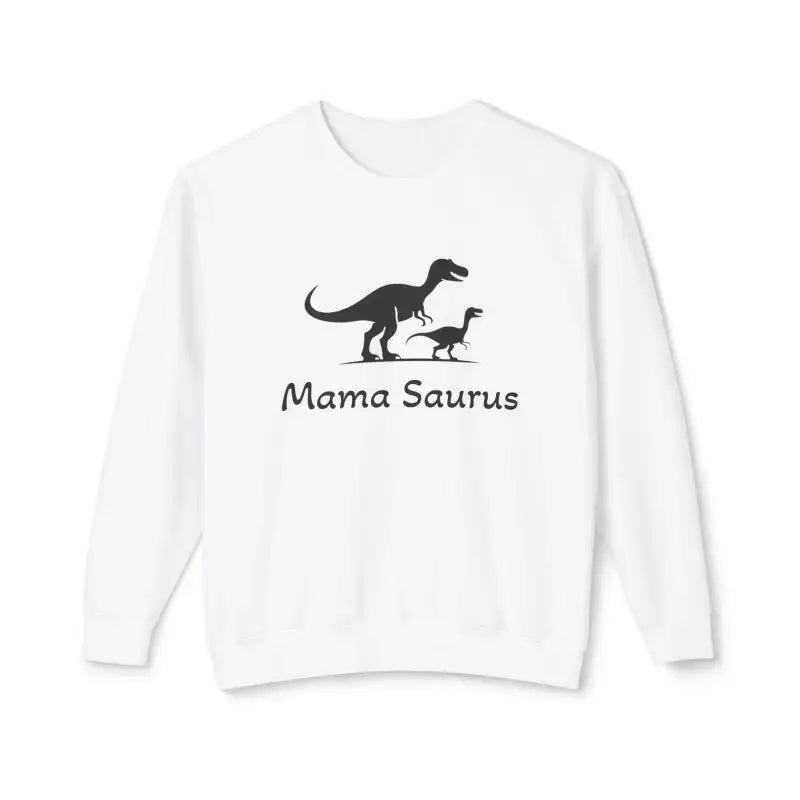 White Mama Saurus Sweatshirt featuring playful dinosaur graphic for moms