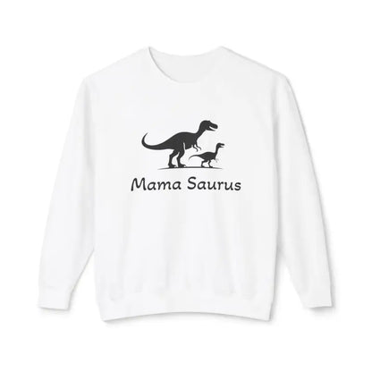 White Mama Saurus Sweatshirt featuring playful dinosaur graphic for moms