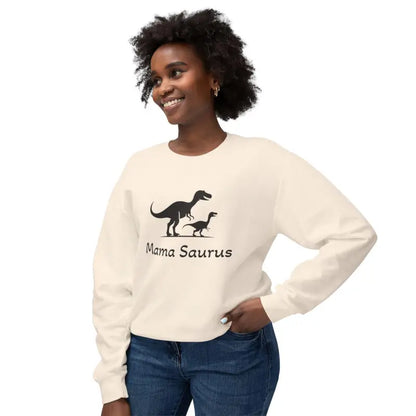 Woman showcasing a Mama Saurus sweatshirt for dinosaur-loving moms